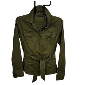 New York & Company Linen Cotton Camp Belted Jacket Army Green Small